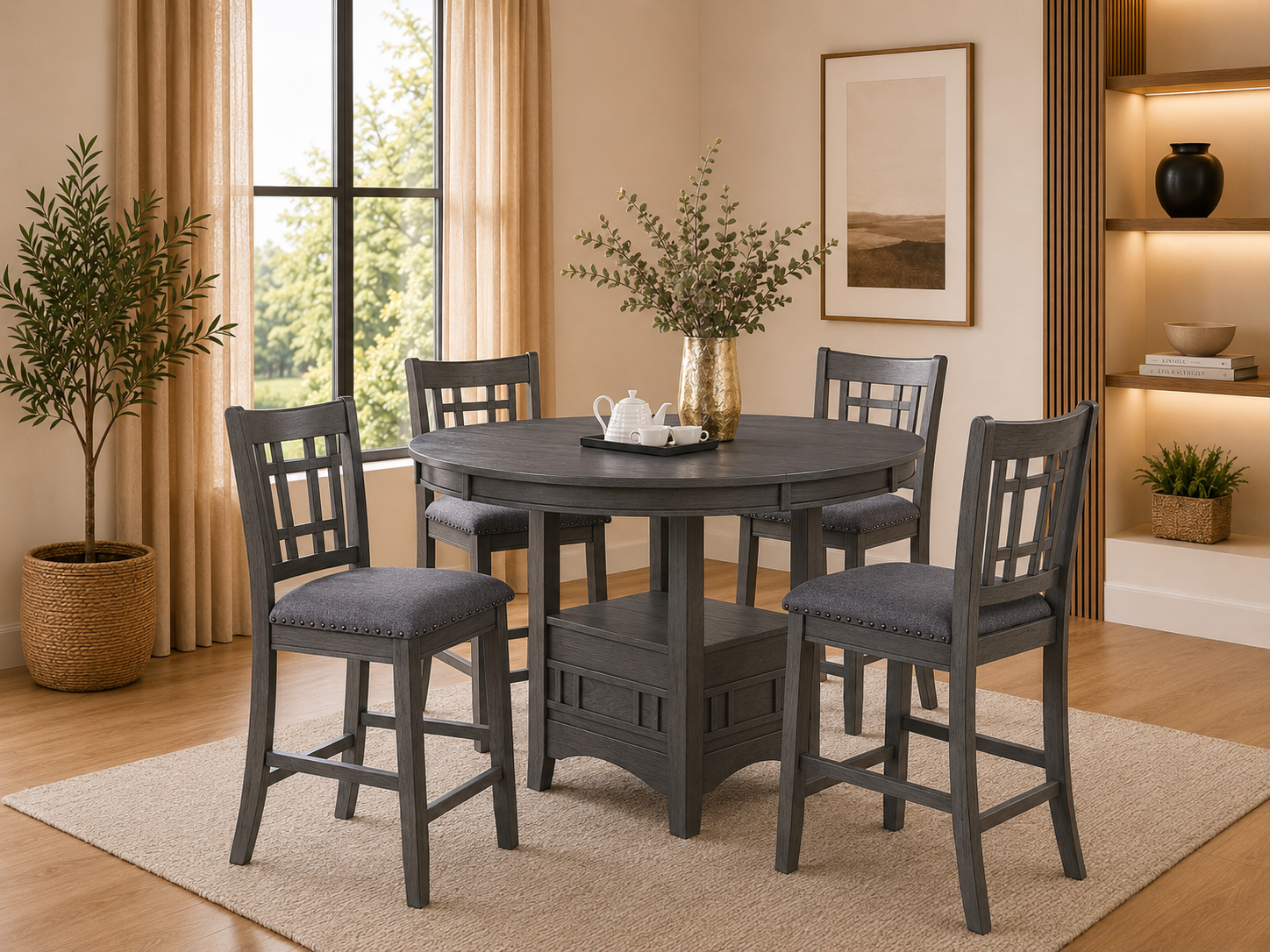 Counter Height 4-Chair Dining Set + Under Table Shelf