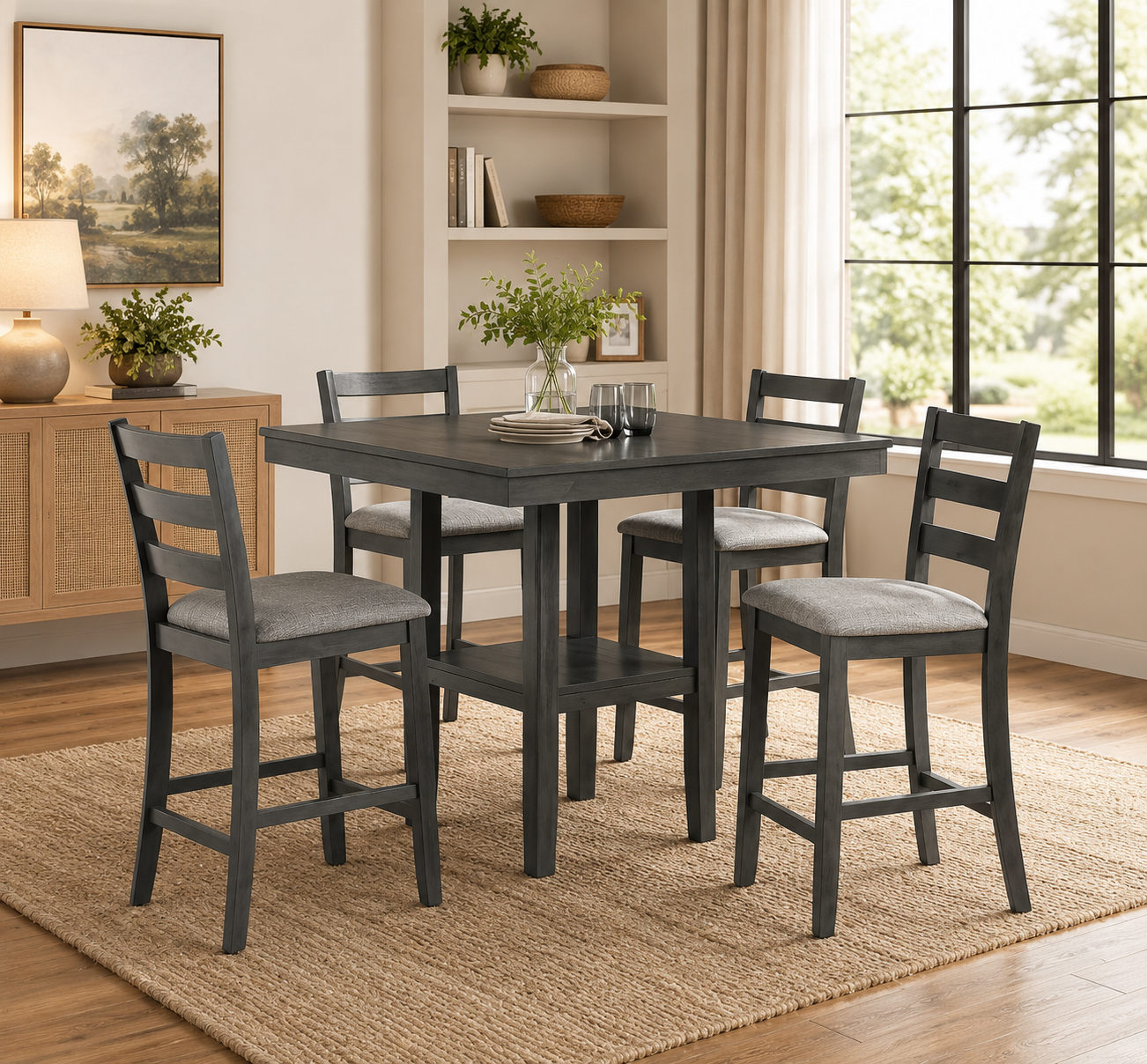 5-Piece Counter Height Dining Set + Under Table Shelf