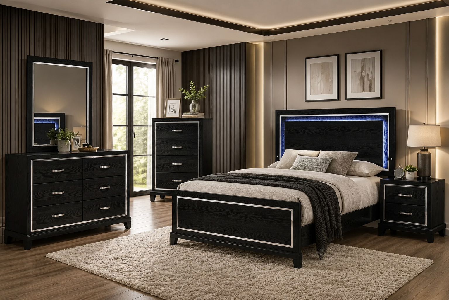 Black Bedroom Set + LED