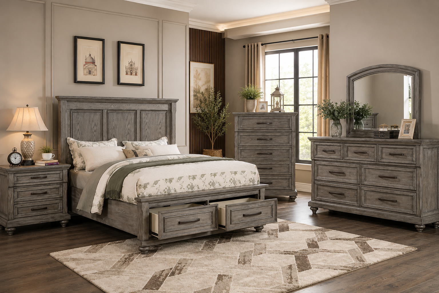 Gray Vintage Storage Bedroom Set
