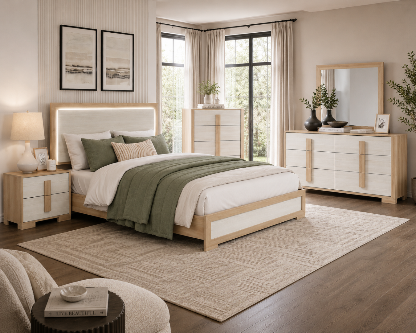 Modern Two-Tone Bedroom Set + LED