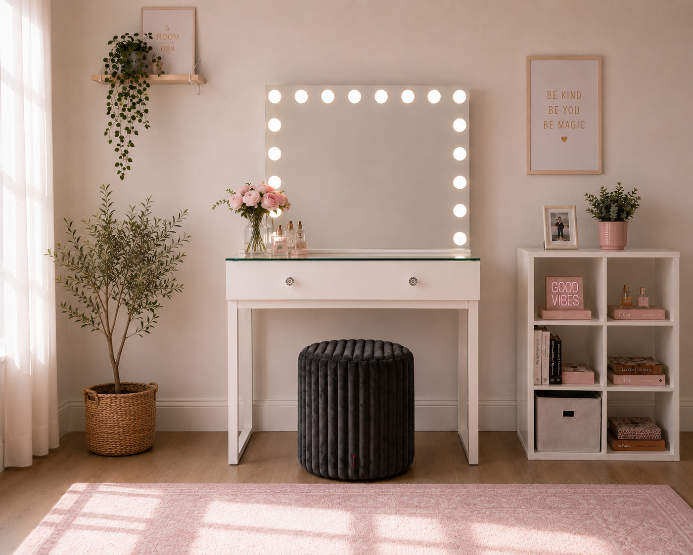 LED Vanity Set with Corduroy Bench