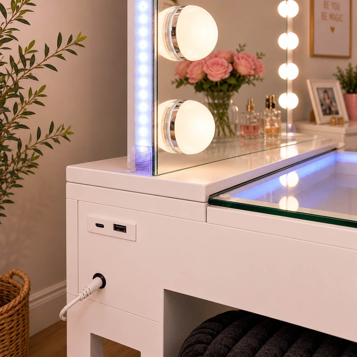 LED Vanity Set with Corduroy Bench